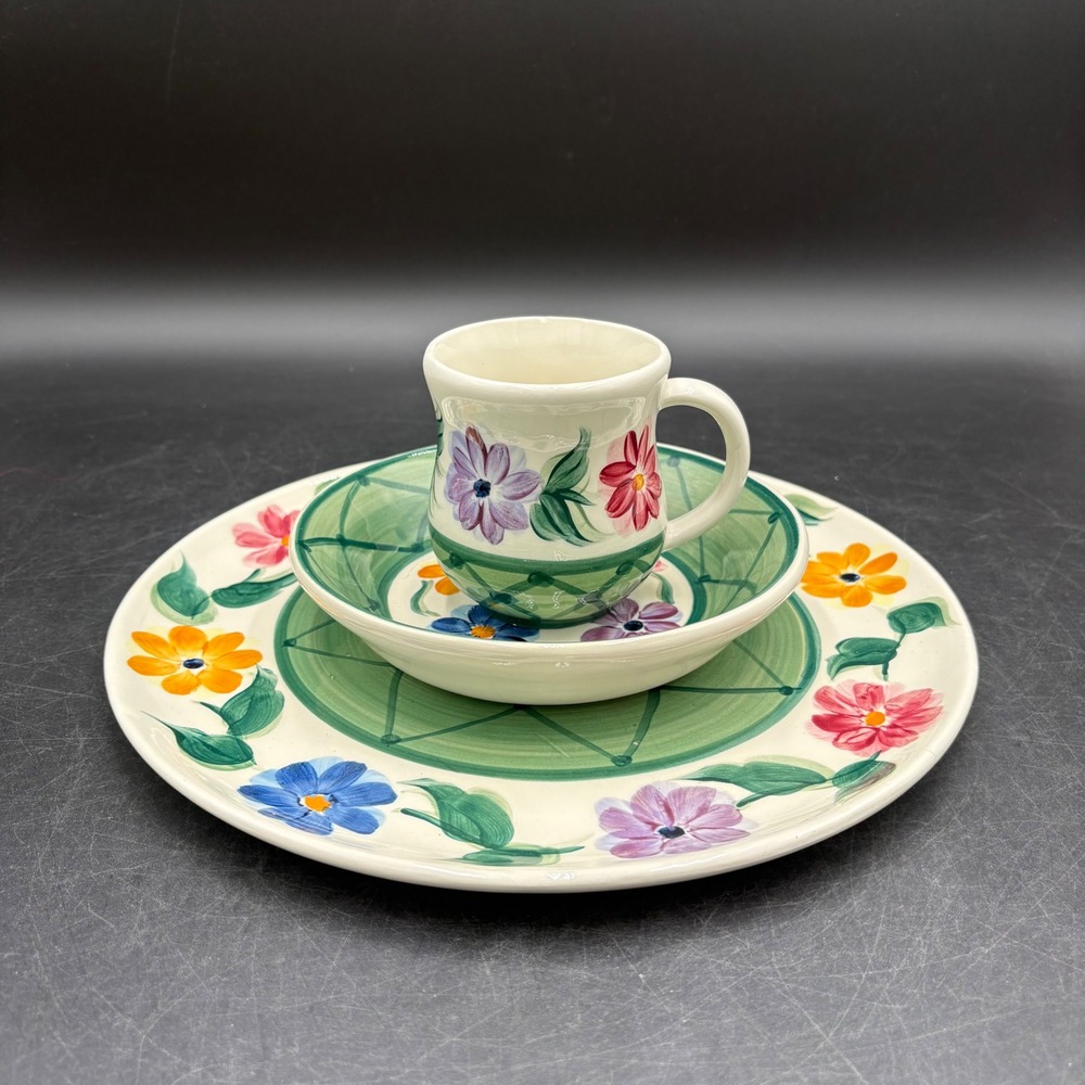 Vtg Gail Pittman 1993 Hand Painted Pottery 3pc Set Floral Green Plate Bowl Mug